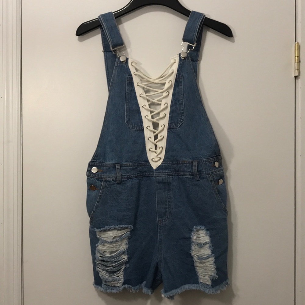 Lace Up Denim Overall Shorts